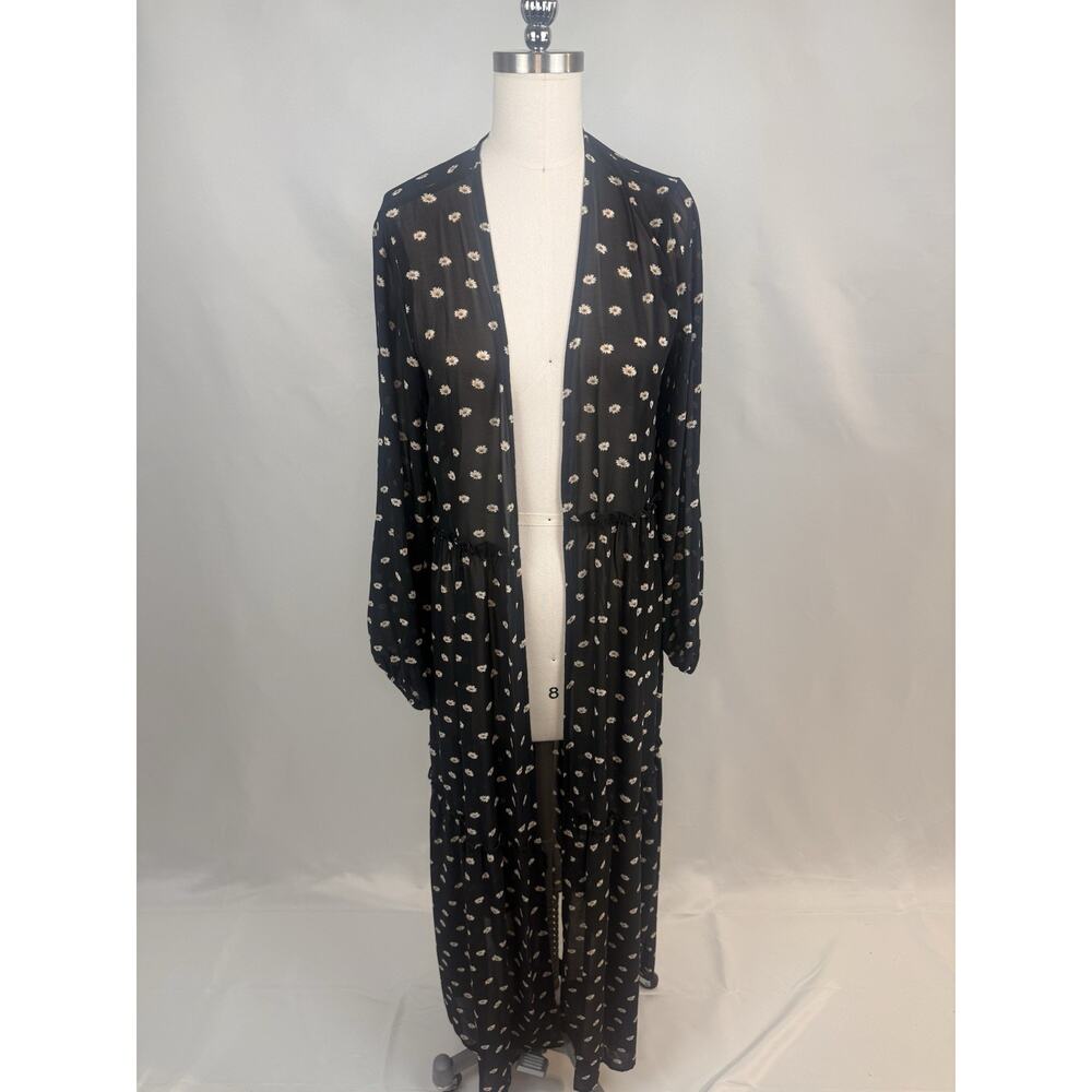 Bohemian Maxi Cardigan Sunflower Black Yellow Floral Open Front - Picture 2 of 4